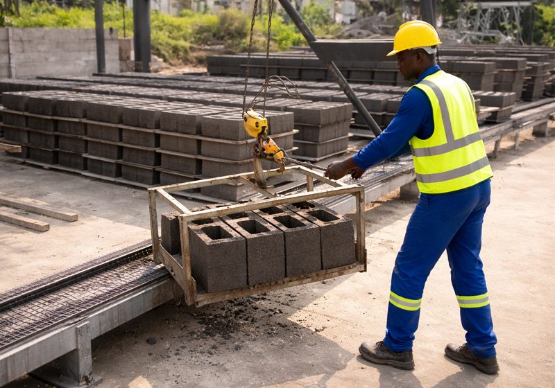 Professional block yard worker performing quality control on concrete blocks in the KZN Midlands.